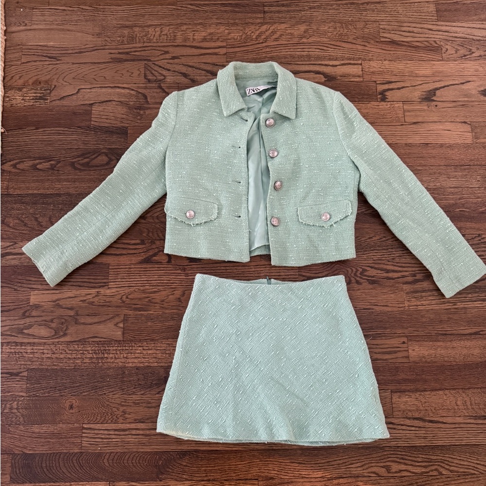 Zara Mint Green Tweed Blazer & Skirt Set